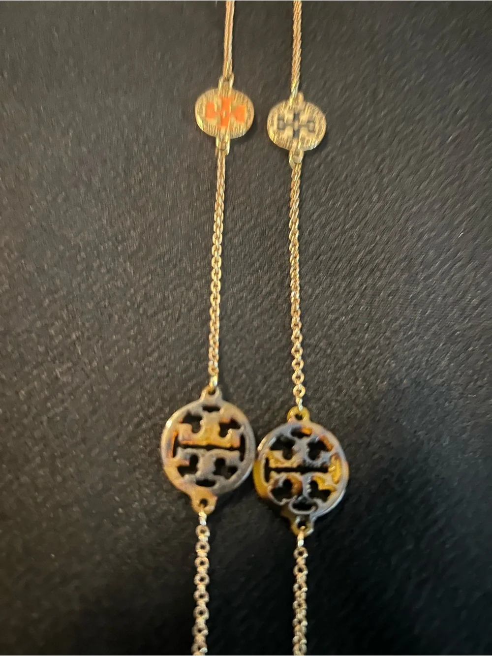 Authentic Tory Burch Gold-Tone Miller Necklace with Tortoise & Coral Medallions